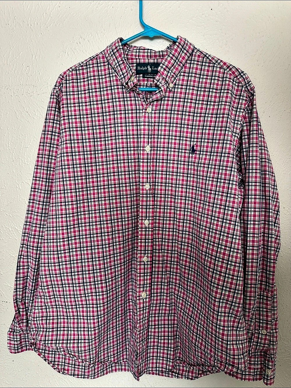 Ralph Lauren Classic Fit Plaid Button Down in Pink & White Large